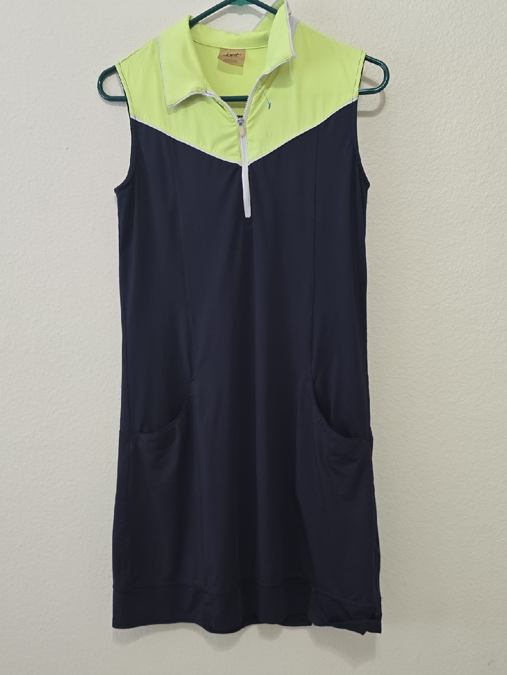 Jofit Navy and Neon Yellow Sleeveless Zip‎ V-Neck Midi Dress S